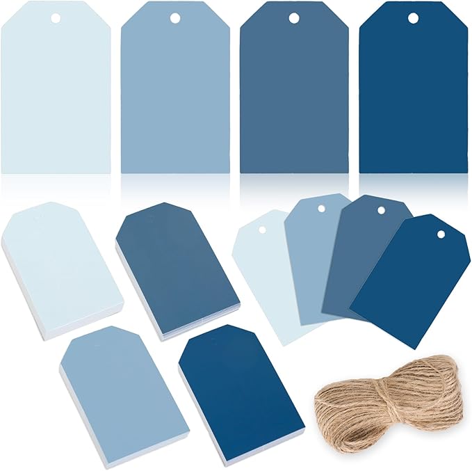 Whaline 120Pcs Dusty Blue Gift Tags Gradient Blue Hanging Labels with Hemp Rope Bulk 4 Colors Blank Paper Tags for Wedding Birthday Holiday Baby Shower DIY Art Craft Supplies