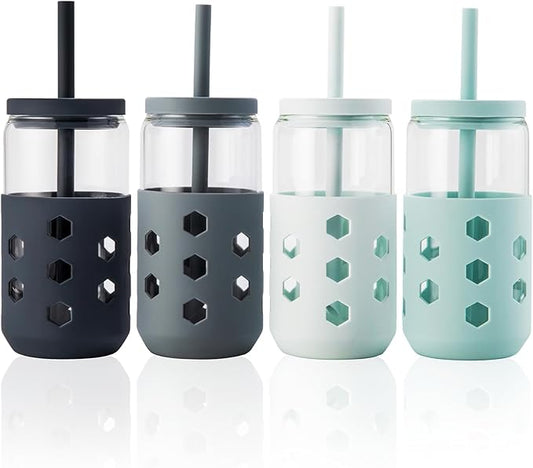 Glass Cups with Lids and Straws (4 Pcs), 16oz Drinking Glasses Set with Silicone Sleeves for Coffee Bar Accessories Iced Coffee Cups with Lids, Glass Tumbler Reusable for Gifts