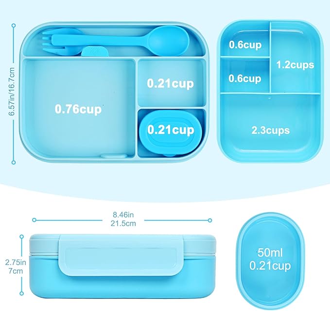 Caperci Bento Box for Kids - Stackable Leakproof Multiple Compartments 5.8 Cups Bento Lunch Box for Adults with Sauce Container - Idea for School, On-the-go, Built-in Utensil Set, BPA Free (Blue)