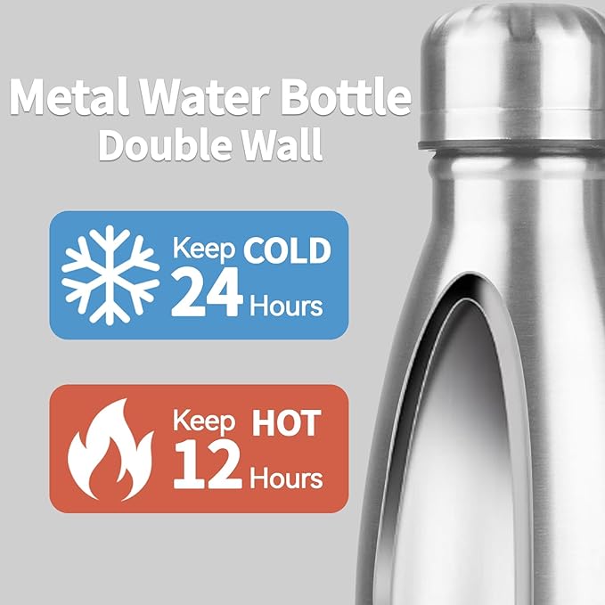 OWS 17oz Insulated Water Bottles Bulk 1/2/4 Pack, Metal Sports Water Bottles, Double Wall Vacuum BPA-Free Flask for School, Sports(silver 1pc)