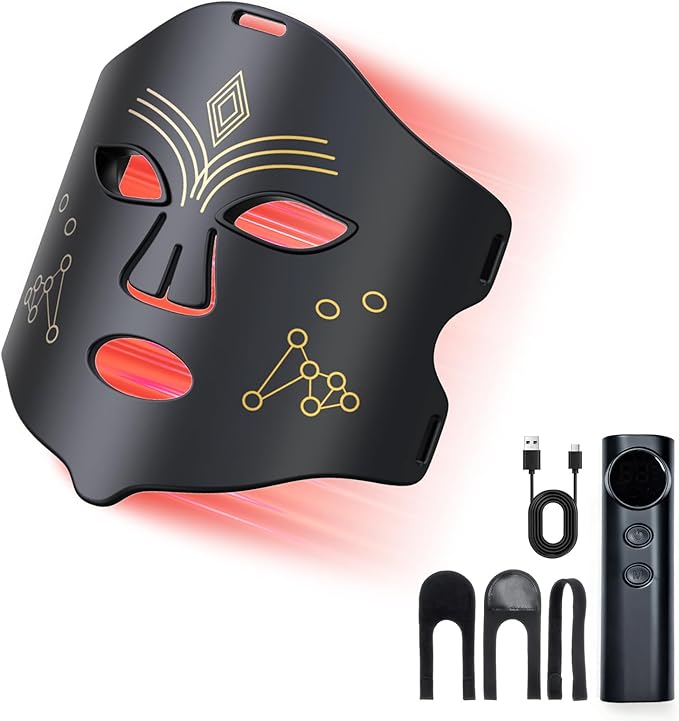 Red Light Mask for Face – LED Face Mask with 4 Modes, 3 Brightness & USB Charging, Adjustable Headband for Daily Home Skincare & Travel (Black)