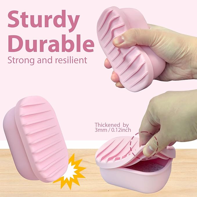 Leakproof Silicone Travel Soap Case with Drainage Layer, Silicone Bar Soap Holder Compact Portable Shatterproof Soap Container Box for Bathroom Gym Camp Travel Toiletries (Pink, Drainage Lid)
