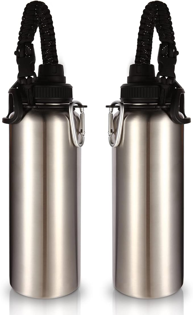 Volhoply Insulated Water Bottles Bulk 2 Pack, 40 oz Stainless Steel Sports Bottle with Paracord Handle & Spout Lid, Double Walled Vacuum Metal Cups,Reusable Big Water jug for Hiking(Silver,2 Set)