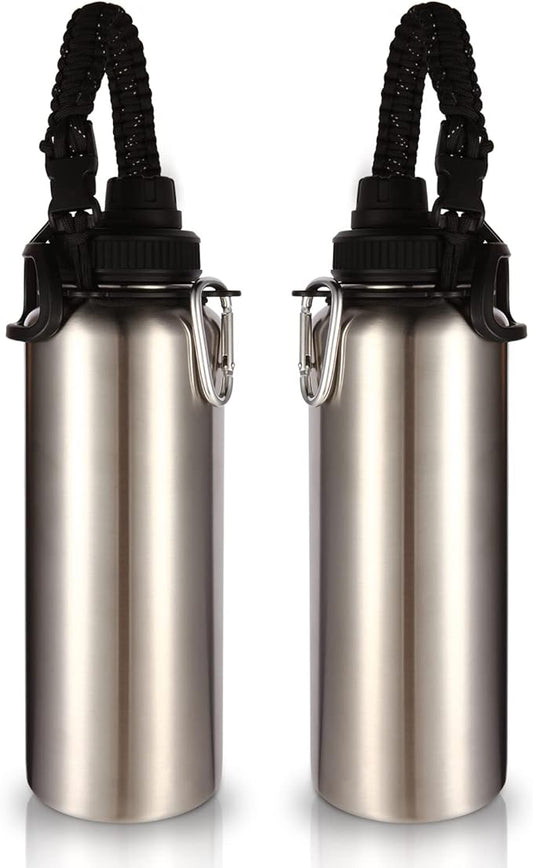 Volhoply Insulated Water Bottles Bulk 2 Pack, 40 oz Stainless Steel Sports Bottle with Paracord Handle & Spout Lid, Double Walled Vacuum Metal Cups,Reusable Big Water jug for Hiking(Silver,2 Set)