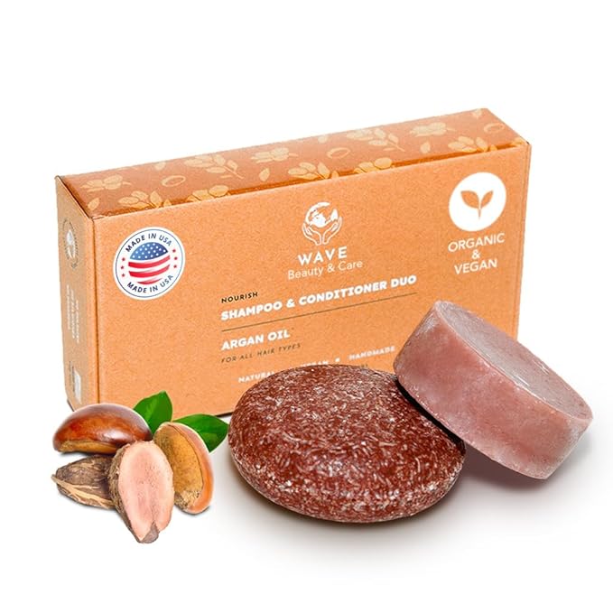 Wave Shampoo Bar & Conditioner Bar Set, Argan Oil Vegan Sulfate Free USA Handmade Moisturizing Solid Bars for All Hair Types Good for Travel Long Lasting 120 Uses Argan Oil Shampoo and Conditioner bar