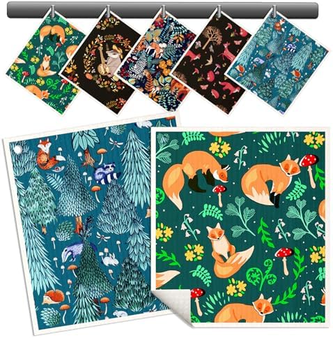 Miss Adola Swedish Dishcloths for Kitchen - 5 Pack Reusable Dish Cloths for Washing Dishes Absorbent Cute Funny Kitchen Towels Cleaning Sponge, Animal Forest by MissAdola