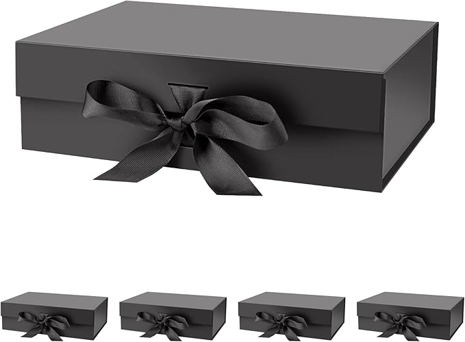 Gift Box with Lid for Presents 10.5x7.5x3.1 Inches with Ribbon and Magnetic Closure(5-Pack) (Black)