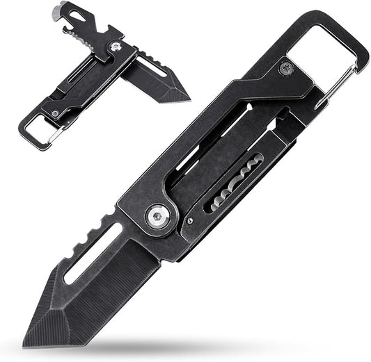 edcfans Keychain Knife, Carabiner Multitool, Tanto Pocket Knife with Key Clip, Box Cutter, Can/Bottle Opener, Screwdriver Wrench, Pry Tools, EDC Hiking Camping Gear, Gifts for Men Women Everyday Carry