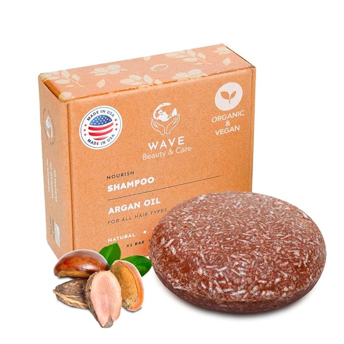 Wave Argan Oil Shampoo Bar - Moisturizing & Handmade Vegan Bar for Shiny Hair, Natural, Organic & Non-GMO Shampoo for Women & Men, 2.3 oz, Long-Lasting (80-120 Uses)