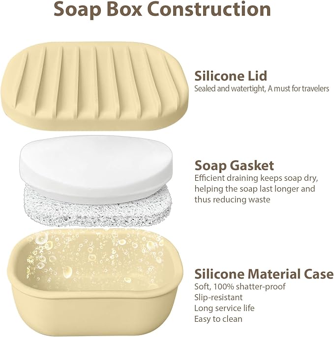 Leakproof Silicone Travel Soap Case with Drainage Layer, Silicone Bar Soap Holder Compact Portable Shatterproof Soap Container Box for Bathroom Gym Camp Travel Toiletries (Sand, Drainage Lid)