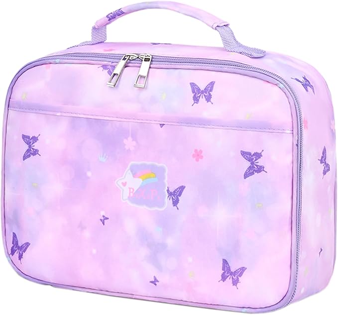 Lunch Box Kids, 11" L x 7" W x 3.5" H, Waterproof Reusable Insulated Lunch Bag for Girls, Cooler Bento Boxes Containers & Snacks for Elementary School Travel (Butterfly Purple)