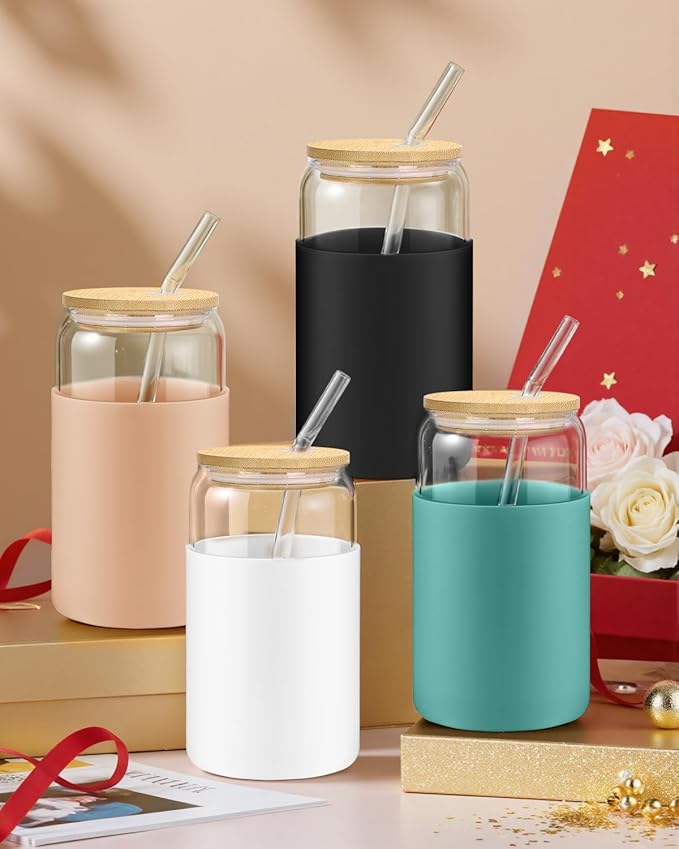Glass Cups with Lids and Straws, 2 Pack 16OZ Iced Coffee Cups with Silicone Sleeve, Glass Tumbler with Straw and Bamboo Lid, Home Essential Drinking Set for Juice, Cocktail and Latte Black&Khaki