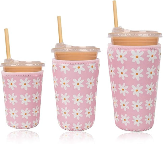 Reusable Insulated Neoprene Iced Coffee Cup Sleeve, Durable Drink Sleeve for Cold Beverages, Beverage Holder for Iced Coffee, Pink Daisies