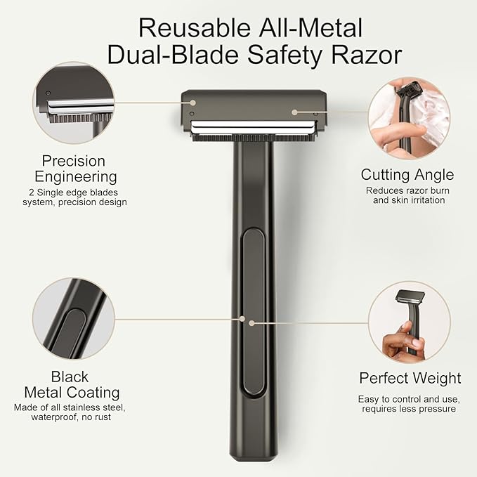 Razors for Men, Dual-Blade Safety Razor with Pivoting Head, Reusable Metal Shaving Razor, with 10 Double Edge Blades, Smooth Close Shave, Matte Black