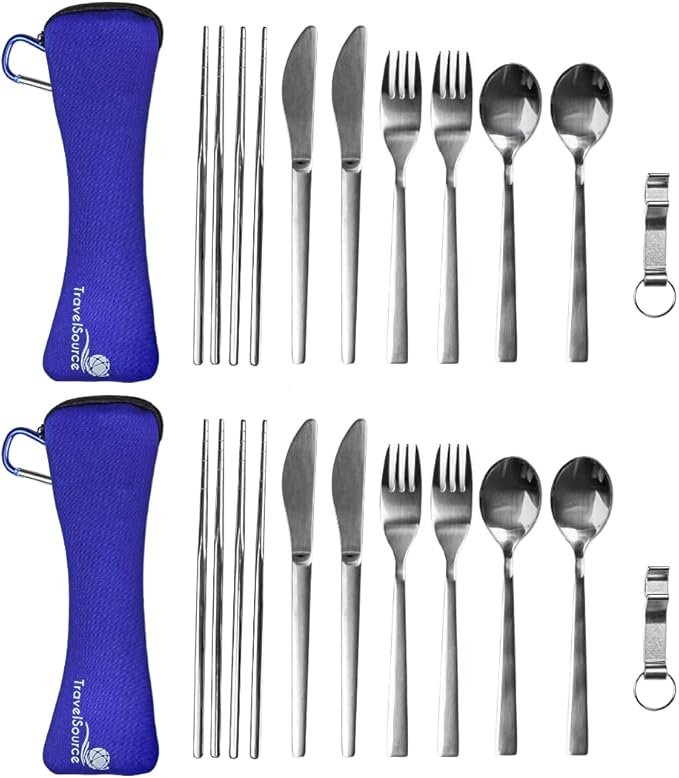 Travel Utensils With Case - Metal Camping Silverware Cutlery Set - Reusable & Portable Fork Knife Spoon Flatware & Chopsticks For Lunch Box, Backpacking (2 Cases)
