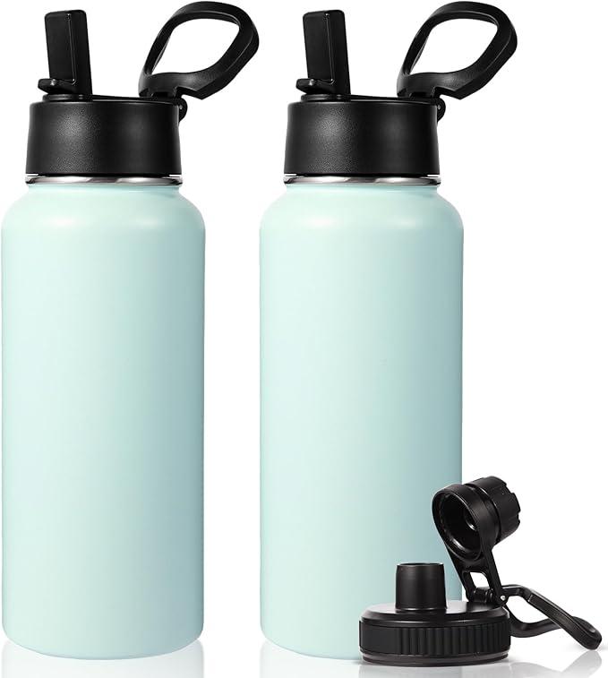 Neihepal 32 oz Insulated Water Bottles with 2 Lids (Straw & Spout Lid), 18/8 Stainless Steel Double Wall Water Bottle for Gym, Travel, Camping, Sports (Fog,2 Pack)