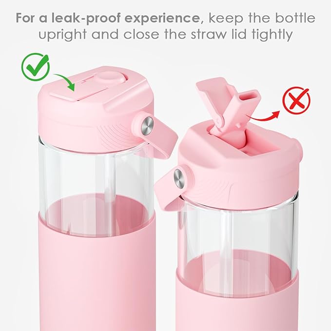 Glass Water Bottle with Silicone Sleeve and Straw Lid 20oz for Girls Women, Glass Drinking Bottles for Travel Home Gym Sports (Rose Cloud)