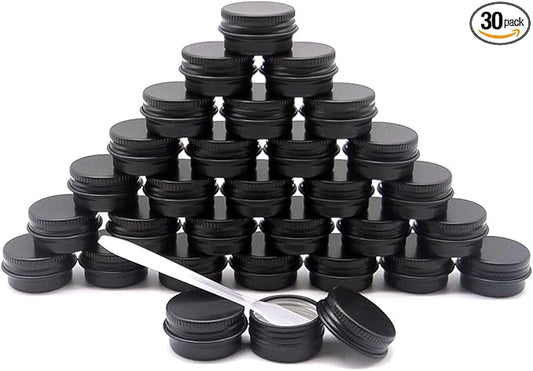30 pack 5 ml Black Lip Balm Tin Cans, 5g Mini Aluminum Makeup Sample Containers with Screw Lid, Empty Metal Tins Pot Storage Travel Jars for Cosmetic, Cream, Candle, Tea, 5 Gram Small Tins