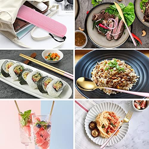 AARAINBOW 6 Pieces 18/8 Stainless Steel Flatware Set Portable Reusable Cutlery Set Travel Utensils Set Including Chopsticks Knife Fork Spoon Straws Cleaning Brush Dishwasher Safe (Pink golden) - Image 3