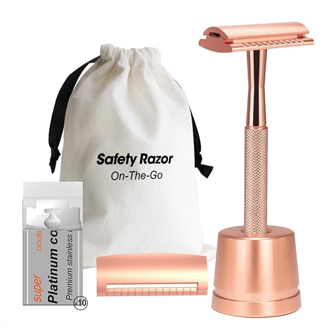 Safety Razor with Stand, Single Blade Razors for Women and Men, Reusable Metal Razor, with 10 Double Edge Blades, Smooth Close Shave, Plastic Free, Rose Gold