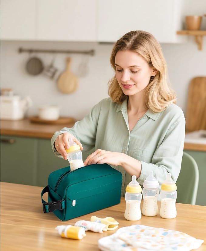 Small Insulated Snack Bag Lunch Box,Collapsible Reusable Small Lunch Bag with Snap Buckle Handle for Beach Travel Picnic,Peacock Green 5-Can(3L)