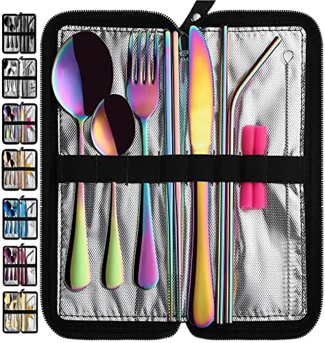 VANDBAO Camping Utensils Set, Portable Travel Utensils with Case for Fixing Tableware, Reusable Stainless Steel Stable Cutlery Set, Lunch Picnic Flatware Silverware (Rainbow Set) by VANDBAO