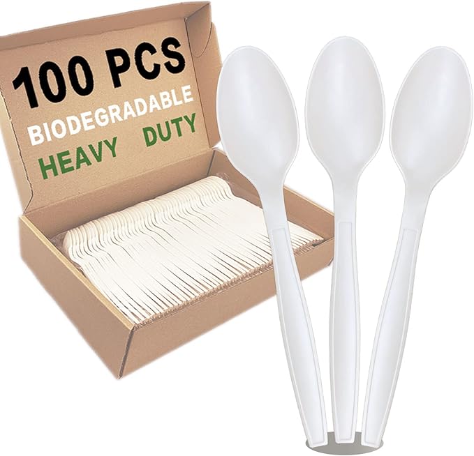 100pcs 100% Compostable Biodegradable Utensils Disposable Cutlery Set Cornstarch Spoon Fork Knife Alternative to Plastic (Spoon 100)