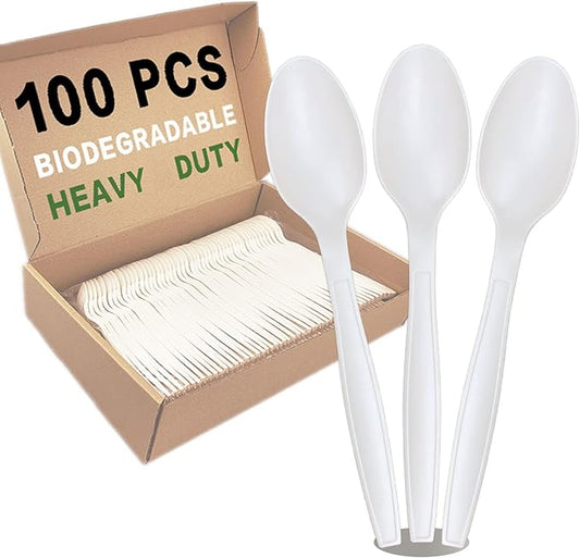 100pcs 100% Compostable Biodegradable Utensils Disposable Cutlery Set Cornstarch Spoon Fork Knife Alternative to Plastic (Spoon 100)