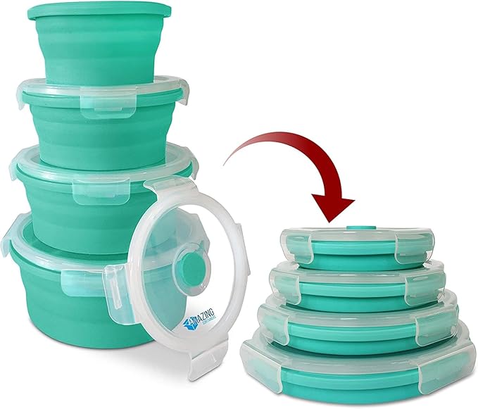 Set of 4 Silicone collapsible food storage containers with lids, Collapsible Bowls for Camping, Rv storage and organization, Rv Kitchen Accessories, BPA Free, Microwavable, Freezer, Dishwasher Safe