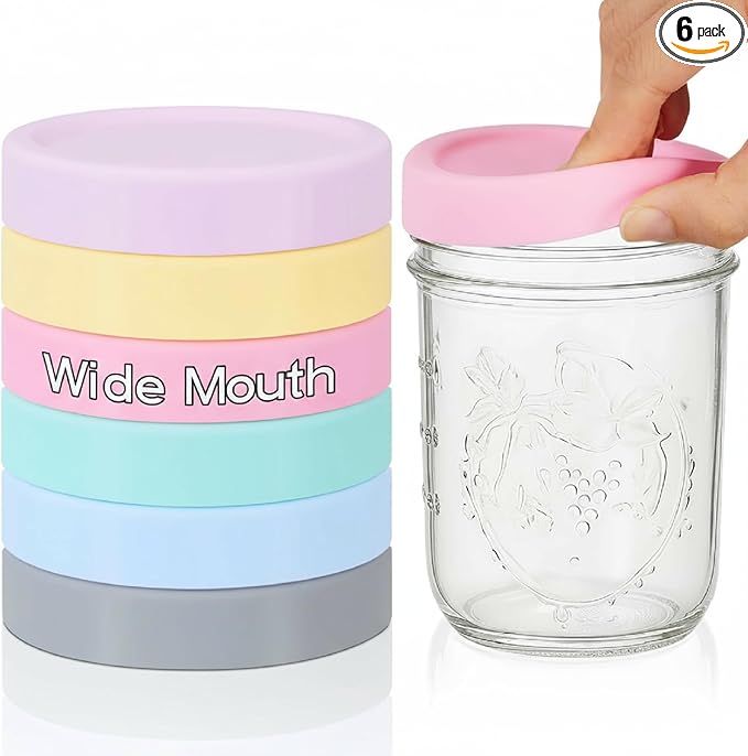 6 Pcs Silicone Wide Mouth Lids Mason Jar Lids Thickened Leak Proof Lid for 86 mm All Wide Mouth Mason Jars, Reusable Large Canning Jar Caps(Macaron)