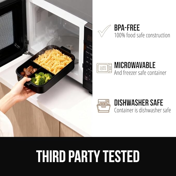 GORILLA GRIP BPA-Free Leakproof 3-Compartment Bento Lunch Box for Adults, Kids, Microwave Safe Hot and Cold Food Containers, Easy to Carry Lid Includes Built-In Utensils Set, Holds 5 Cups, Black