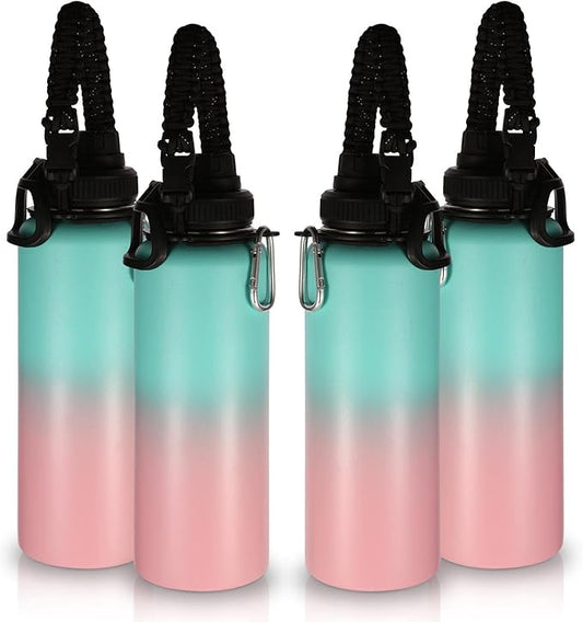 Volhoply Insulated Water Bottles Bulk 4 Pack, 40 oz Stainless Steel Double Walled Vacuum Travel Water Cups with Wide Mouth, Reusable Large Water jug with Paracord for Hiking(Green Pink,4 Set)