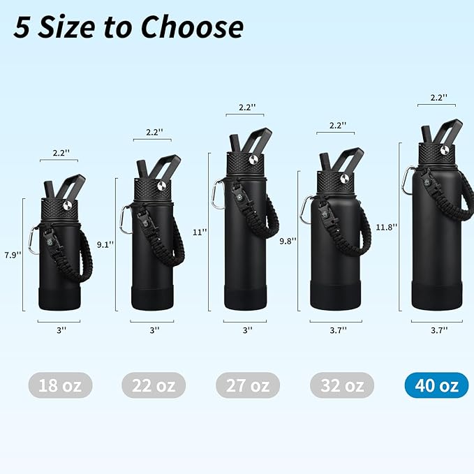 BJPKPK Insulated Water Bottle with Straw Lid, 40oz Large Thermal Flasks with 3 Lids, Paracord Handle & Non-slip Boot, BPA Free Leak Proof Stainless Steel Metal Water Bottles, Tumblers, Cups,Black