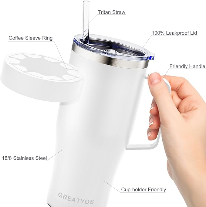 Universal Iced Coffee Sleeve with Handle - Insulated Double Wall Reusable Stainless Steel Holder Insulator for Cold Drinks Fits Small Medium Large To Go Cups Gifts for Men Women Him Her (White)