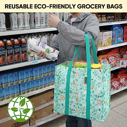 BALEINE 4 PK Grocery Bags Reusable Shopping Bags with Reinforced Bottom, Heavy Duty Foldable Tote Bags (Spring Stroll) - Image 6