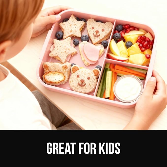GORILLA GRIP BPA-Free Leakproof 5-Compartment Bento Lunch Box for Adults, Kids, Holds 10 Cups, Microwave Safe Hot and Cold Food Containers, Easy to Carry Lid Includes Built-In Utensils Set, Pink