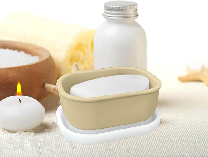 Leakproof Silicone Travel Soap Case with Drainage Layer, Silicone Bar Soap Holder Compact Portable Shatterproof Soap Container Box for Bathroom Gym Camp Travel Toiletries (Sand, Clear Lid)