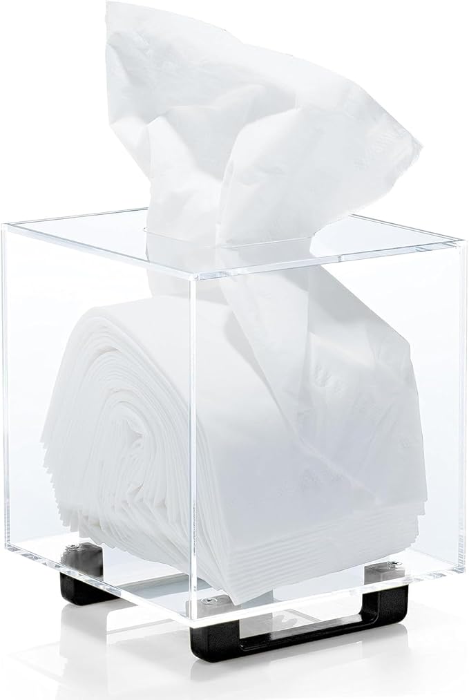 YoBa Thick Acrylic Tissue Box Holder Rectangular Tissue Box Dispenser with Gold Plated Aluminum Legs for Bathroom, Kitchen, Bedroom, Office and Restaurant (Square, Clear (Black Legs))