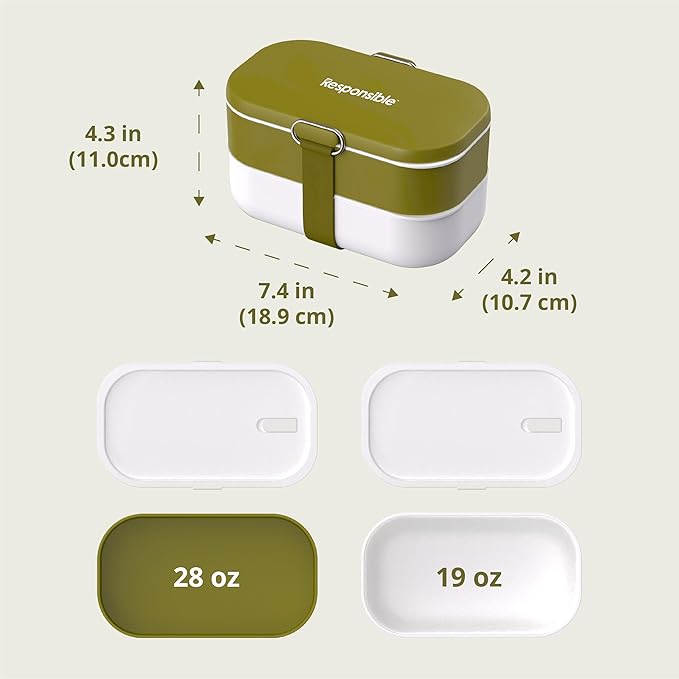 Responsible Products Leak Resistant Bento Box with Tableware for Adult - Teens, Insulated Lunch Box for Women - Men - Girls - Boys, BPA Free, Dishwasher Safe, Microwave Safe, Freezer Safe, 46 oz