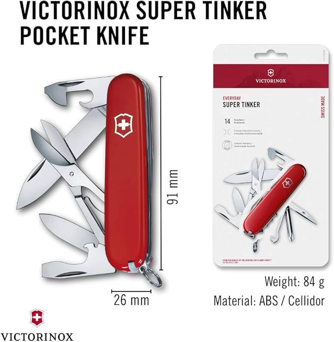 Victorinox Super Tinker Swiss Army Knife, 14 Function Swiss Made Pocket Knife with Large Blade, 2 Screwdrivers and Multipurpose Hook - Red