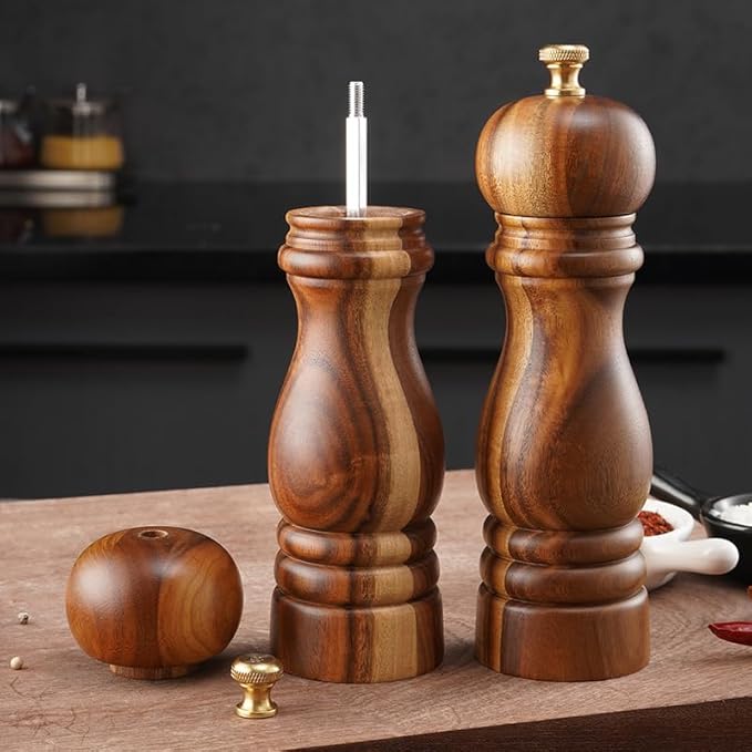 QUEEN Acacia Salt Pepper Grinders Refillable Set, Acacia Wood Salt and Pepper Set, Easy Refillable Manual Wooden Salt Pepper Grinder with Tray 2pcs, Perfect Housewarming Gifts