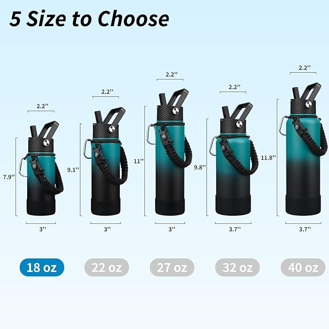 BJPKPK Water Bottle with Straw Lid, 18oz Insulated Water Bottles with 3 Lids, Paracord Handle & Non-slip Boot, Metal Stainless Steel Thermal Flasks, BPA Free Leak Proof Tumblers,Army Green & Black