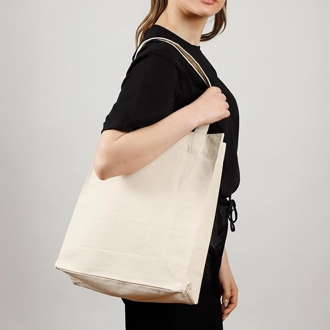 Recycled Cotton Canvas Tote Bags with Gusset – 12 Pcs Bulk Reusable Canvas Bags with Handles for Shopping, Work Bag