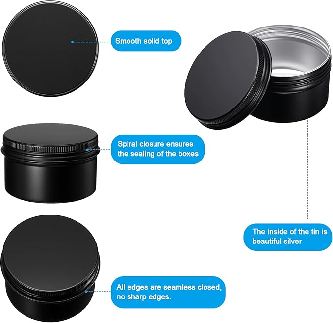 Patelai Black Christmas Aluminum Tin Cans 24 Pcs 4 oz Round Metal Tin Jar Containers Refillable Aluminum Storage Cans with Screw Lid and 10 Sheets Label Sticker for Salve Spice Candy Candle