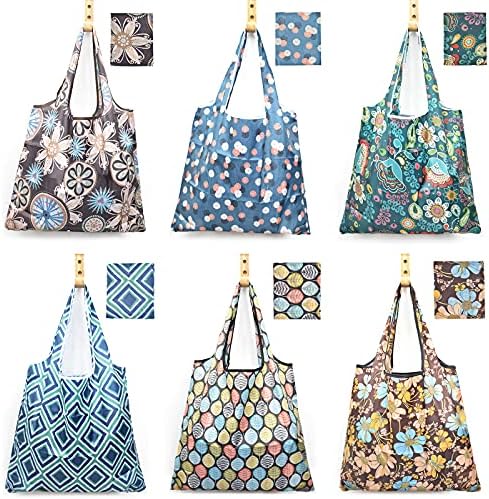6 Pcs Reusable Grocery Bags Xlarge 50LBS Foldable Grocery Shopping Bags Washable Beach Bag Ripstop Nylon Tote Bags by MRYUWB