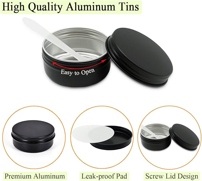 10pack 50ml Aluminum Tin, 50 Gram Black Container Leak Proof Cosmetic Jars, 50g Small Makeup Containers Round Screw Lids for Cosmetic, Salves, Lip Balms, Toner, Cream, Candle, Tea, Beads, Wax