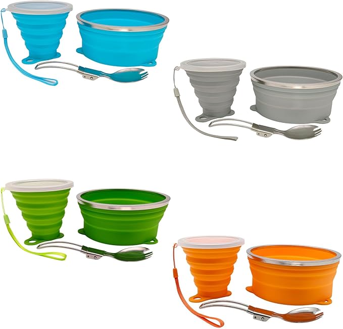 Mess Kit for Camping Silicone Collapsible Bowl Collapsible Cup and Stainless Steel Spoon for Backpacking Outdoor Hiking Traveling and Picnic - 4 Pack