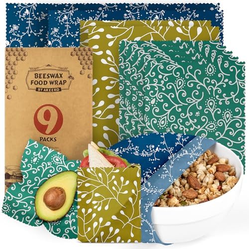 Akeeko Reusable Beeswax Food Wraps - Assorted 9 Packs, Reusable, Plastic-Free Food Storage, 5 Small, 2 Medium, 1 Large, 1 Extra Large Wraps with Abstract Curves Pattern by Akeeko