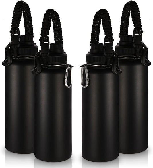 Volhoply Insulated Water Bottles Bulk 4 Pack, 40 oz Stainless Steel Sports Bottle with Paracord Handle & Spout Lid, Double Walled Metal Travel Water Cups with Wide Mouth for Cold Drink(Black,4 Set)