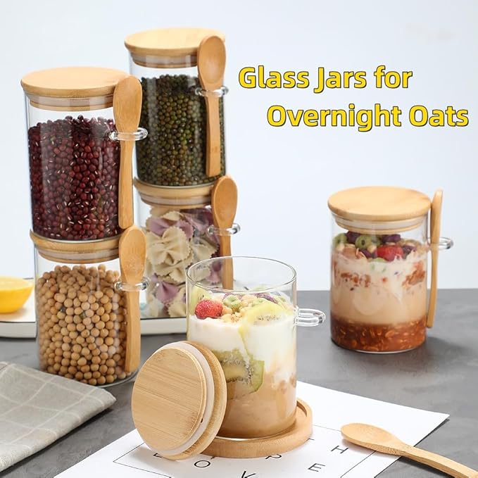 6 Pack Glass Jars with Bamboo Lids and Spoons for Loose Leaf Tea Storage, 17 OZ Overnight Oat Container with Lid and Scoop, Glass Canister Set as Tea Container for Loose Leaf Tea Holder